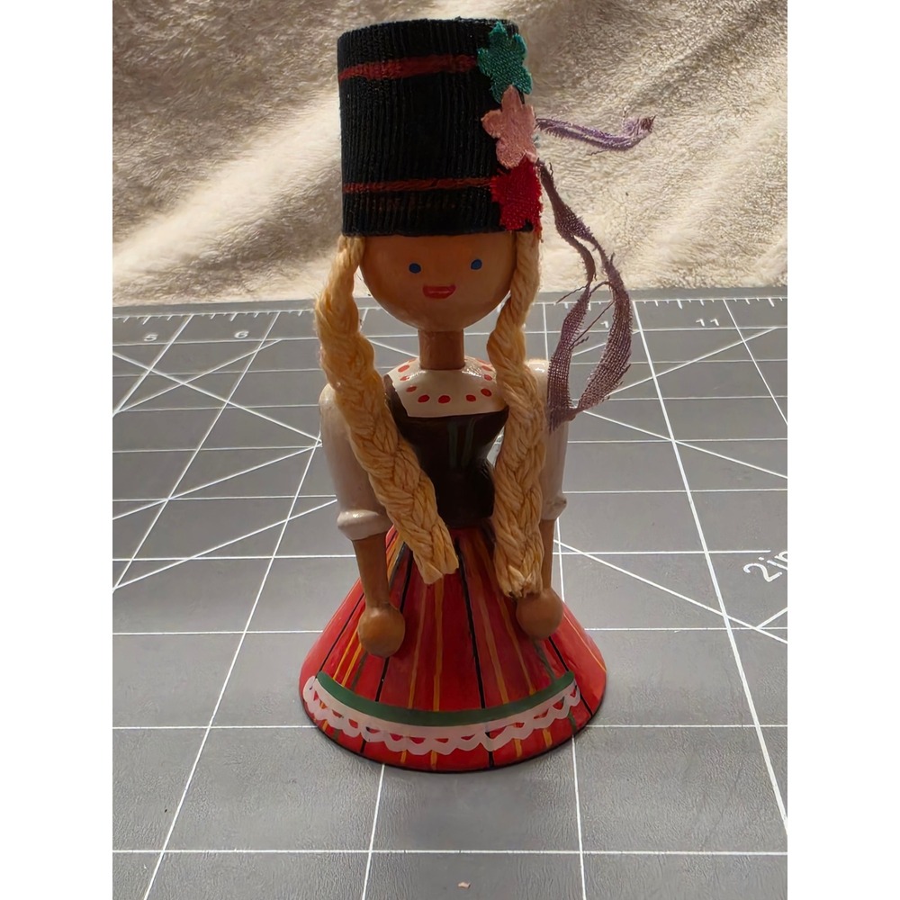 Vintage Hand Painted Wooden Folk Art Doll Figurine Blonde Braids European Decor